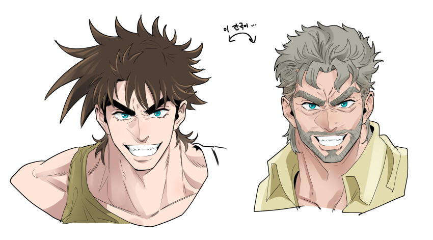 2boys acea_n aqua_eyes bare_shoulders battle_tendency beard brown_hair dual_persona facial_hair green_eyes grey_hair grin highres jojo_no_kimyou_na_bouken joseph_joestar joseph_joestar_(old) joseph_joestar_(young) korean_text male_focus multiple_boys old old_man older scarf smile spiked_hair stardust_crusaders striped striped_scarf tank_top teenage thick_eyebrows younger