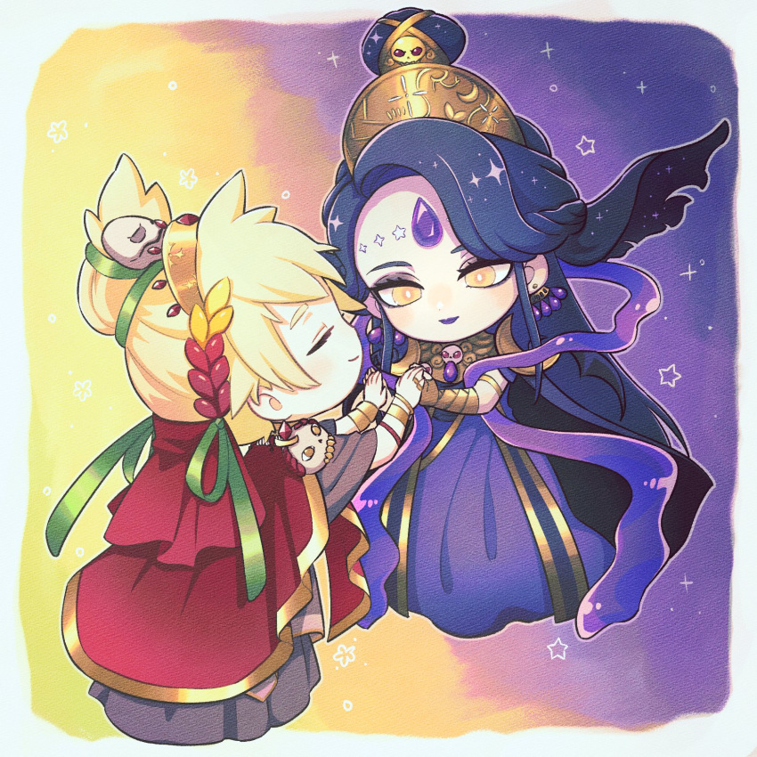 2girls black_hair blonde_hair chibi closed_eyes dress earrings eyeshadow gem hades_(game) hair_ornament highres holding_hands interlocked_fingers jewelry laurel_crown makeup multiple_girls nyx_(hades) persephone_(hades) purple_lips ring skull_hair_ornament smile star_(symbol) updo uratamameron yellow_eyes yuri