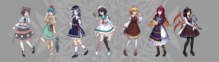 6+girls :d absurdres ahoge alternate_costume anchor_symbol animal_ears aqua_eyes arm_behind_back asymmetrical_legwear asymmetrical_wings bangs black_bow black_footwear black_hair black_headwear black_legwear black_neckerchief black_skirt black_vest blonde_hair bloomers blue_capelet blue_dress blue_eyes blue_hair blue_sailor_collar blush boots bow bow_hairband brooch brown_footwear brown_hair buttons capelet closed_mouth closed_umbrella collarbone collared_dress collared_shirt commentary cross-laced_footwear crossed_arms dress fedora fingernails footwear_bow frilled_dress frilled_hat frilled_shirt frilled_shirt_collar frilled_skirt frilled_sleeves frills full_body furahata_gen gloves gradient gradient_hair grey_capelet grey_footwear grey_hair grey_neckerchief grey_skirt hair_between_eyes hair_bow hair_ornament hair_ribbon hairband hairclip hand_to_own_mouth hand_up hat hat_bow high_heels highres hijiri_byakuren hishaku holding hood hooded_capelet houjuu_nue jewelry knee_boots kneehighs kumoi_ichirin layered_dress loafers lolita_fashion long_hair long_sleeves looking_at_viewer mary_janes medium_hair mismatched_legwear mouse_ears mouse_tail multicolored_ascot multicolored_hair multiple_girls murasa_minamitsu nazrin neckerchief necktie one_eye_closed open_mouth pantyhose parted_bangs parted_lips partially_unbuttoned pink_bow puffy_sleeves purple_dress purple_hair red_bow red_dress red_eyes red_footwear red_hairband red_legwear red_necktie red_ribbon ribbon ribbon-trimmed_legwear ribbon_trim sailor_collar shirt shoes short_hair short_sleeves single_kneehigh single_thighhigh skirt skirt_set sleeve_cuffs sleeveless sleeveless_dress smile striped striped_legwear striped_neckerchief striped_necktie tail tail_bow tail_ornament tatara_kogasa teeth thighhighs toramaru_shou touhou triangular_headpiece two-tone_hair umbrella undefined_fantastic_object underwear uneven_legwear upper_teeth vest wavy_hair white_bloomers white_dress white_footwear white_gloves white_headwear white_legwear white_shirt wide_sleeves wings yellow_eyes