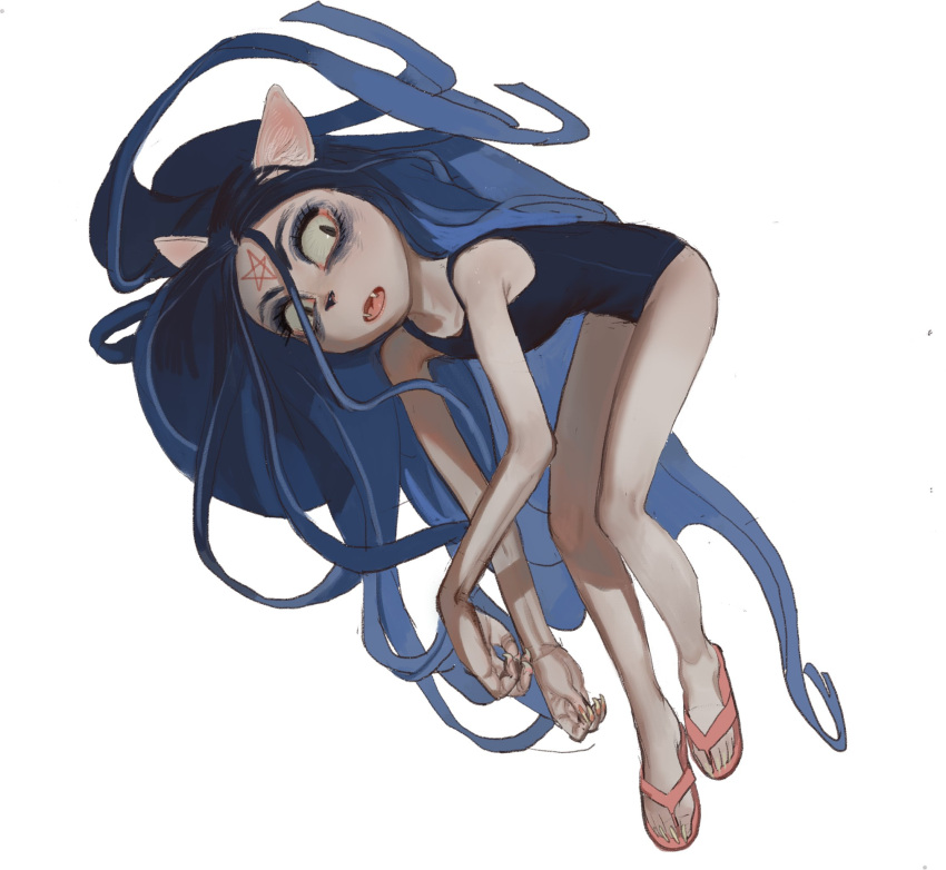 1girl animal_ears bare_arms bare_legs blue_hair claire_d'lune eyeshadow fangs fingernails furry furry_female highres long_hair looking_at_viewer makeup mossacannibalis one-piece_swimsuit open_mouth parted_lips pentagram sandals school_swimsuit sharp_fingernails sharp_toenails simple_background solo swimsuit the_summoning toenails very_long_hair white_background
