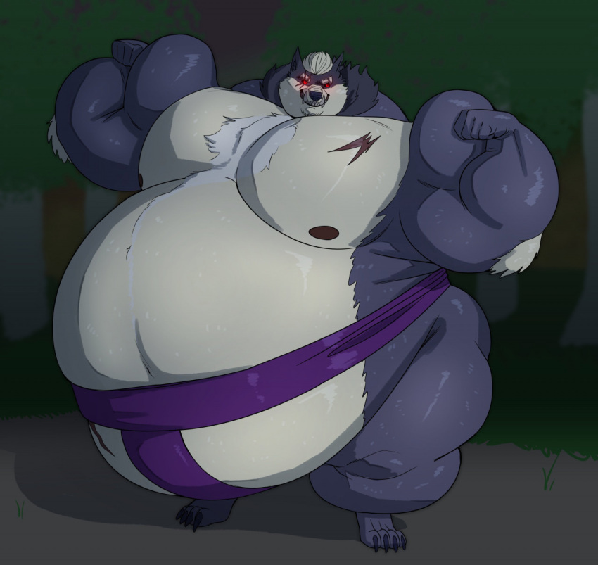 anthro asian_clothing belly big_belly canid canine canis clothing east_asian_clothing eye_scar facial_scar flexing glowing glowing_eyes hi_res japanese_clothing male mammal mawashi muscular muscular_male overweight overweight_male pearypanda plant scar solo strongfat sumo tree wolf