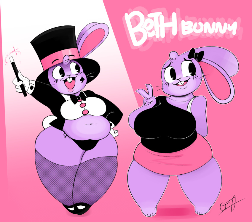 &spades; accessory anthro beth_bunny_(ota) big_breasts black_bow black_bow_tie black_clothing black_eyebrows black_eyelashes black_eyes black_footwear black_hat black_headwear black_nose black_panties black_shirt black_shoes black_top_hat black_topwear black_underwear black_vest black_whiskers bottomwear bow bow_tie bra breasts buckteeth chubby_female clothing countershading cuffs_(clothing) english_text eyebrows eyelashes female fishnet footwear fur gesture glistening glistening_eyes gloves hair hair_accessory hair_bow hair_ribbon hand_behind_back hand_on_hip handwear hat head_tuft headgear headwear hi_res holding_object holding_wand lagomorph leporid long_ears magic_wand magician mammal muffin_top multiple_images navel open_mouth open_smile ota_(artist) panties pink_background pink_bottomwear pink_clothing pink_inner_ear pink_skirt pink_tongue pose purple_body purple_countershading purple_ears purple_fur purple_hair queen_of_spades rabbit ribbons shirt shoes short_stack signature simple_background skirt slightly_chubby smile solo spotlight standing suit_symbol teeth teeth_showing text thick_thighs tongue top_hat topwear tuft underwear v_sign vest wand whiskers white_bra white_clothing white_gloves white_handwear white_tail white_topwear white_underwear wide_hips