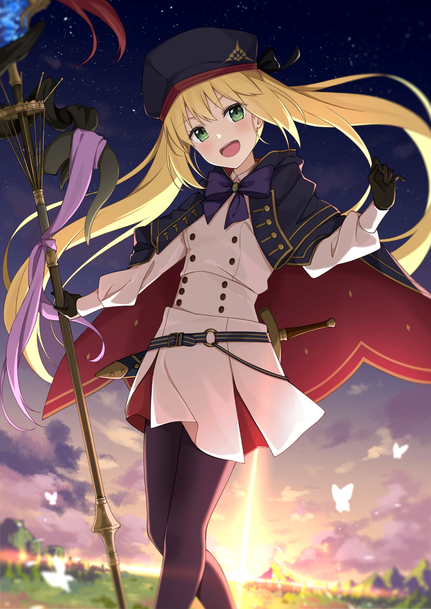 1girl absurdres artoria_caster_(fate) artoria_caster_(second_ascension)_(fate) artoria_pendragon_(fate) bangs black_bow black_gloves blonde_hair blush bow cloud cloudy_sky eyebrows_visible_through_hair eyes_visible_through_hair fate/grand_order fate_(series) forest gloves green_eyes hair_between_eyes hair_bow hair_ornament highres holding light_rays long_hair long_sleeves looking_at_viewer multiple_tails nature open_mouth outdoors purple_bow raincoat school_uniform shirt skirt sky smile solo sunlight tail taiyaki_(astre) two_tails white_shirt