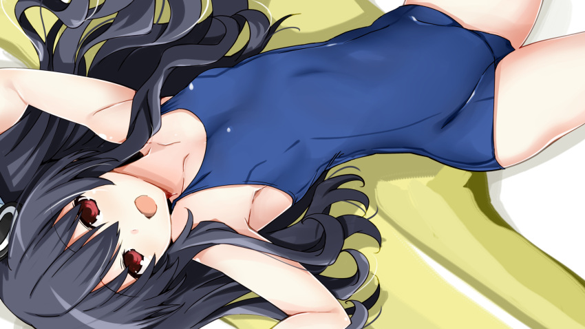 1girl bare_shoulders black_hair blue_swimsuit hair_ornament hair_ribbon highres iwashi_dorobou_-r- long_hair looking_at_viewer lying neptune_(series) old_school_swimsuit on_back one-piece_swimsuit open_mouth red_eyes ribbon school_swimsuit short_hair skin_tight smile solo swimsuit two_side_up uni_(neptune_series)
