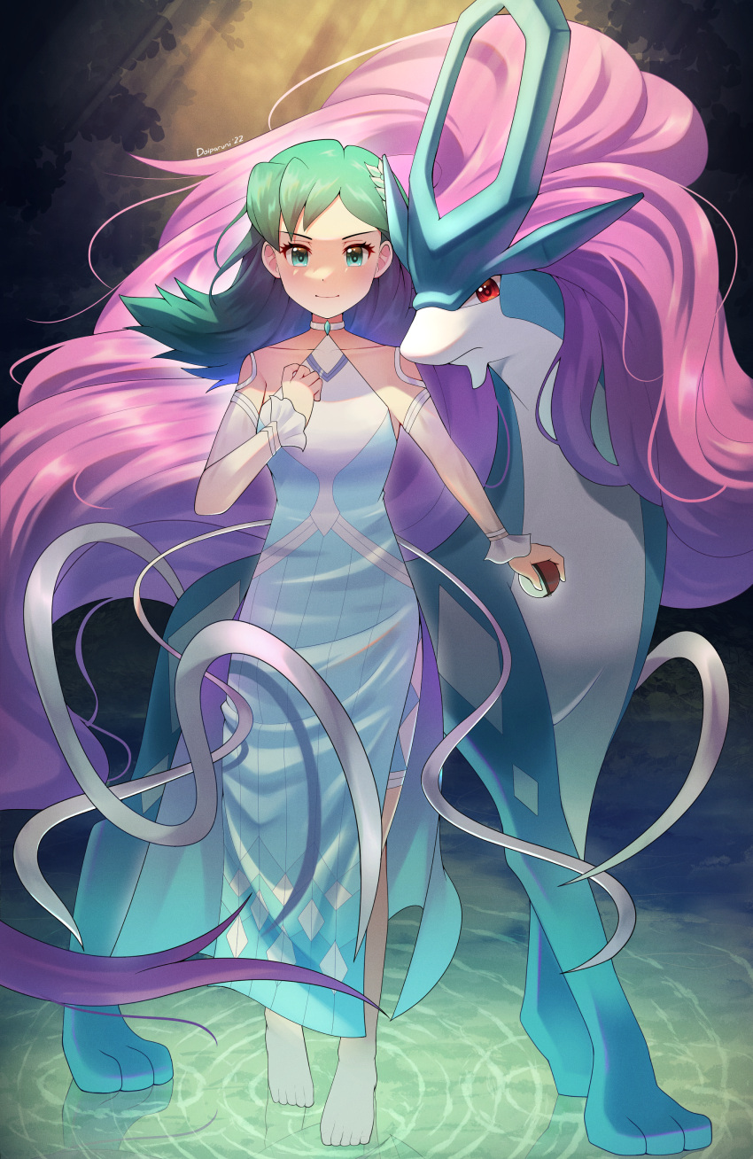 1girl absurdres aqua_dress aqua_eyes aqua_hair bangs bare_shoulders barefoot breasts choker closed_mouth collarbone detached_sleeves determined doiparuni dress english_commentary full_body hair_ornament halter_dress halterneck highres kris_(pokemon) looking_at_viewer medium_hair official_alternate_costume pokemon pokemon_(creature) pokemon_(game) pokemon_masters_ex shorts_under_dress side_slit small_breasts smile standing standing_on_liquid suicune swept_bangs v-shaped_eyebrows