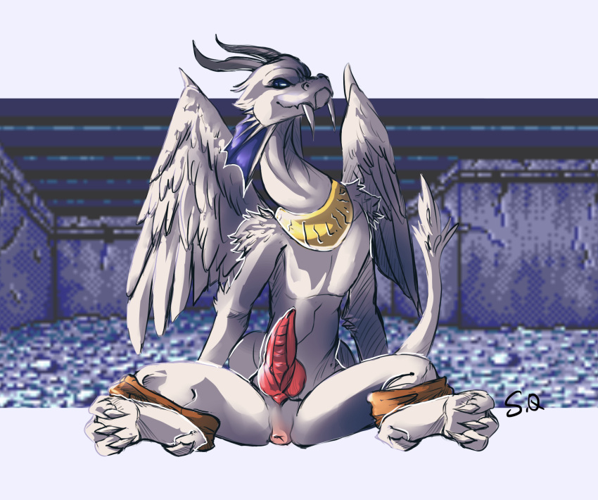 anthro anus bleu_(shining_force) dragon feathered_wings feathers fur furred_dragon genitals hi_res horn jewelry looking_at_viewer male penis photo_background reptile sapphire_kirin scalie sega shining_(sega) shining_force sitting solo solo_focus toe_curl wings