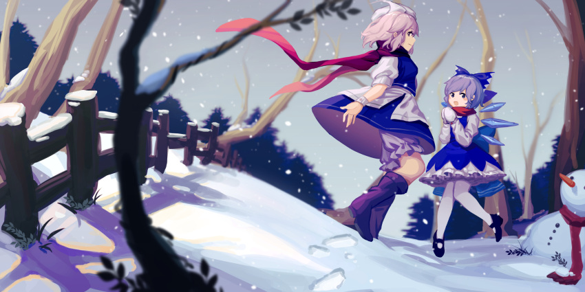 2girls :d bare_tree black_footwear bloomers blue_bow blue_dress blue_eyes blue_hair blue_skirt blue_vest blush_stickers boots bow cirno closed_mouth commentary dress fence footprints full_body furahata_gen hair_bow hat highres ice ice_wings layered_skirt letty_whiterock light_purple_hair long_sleeves looking_at_viewer mary_janes medium_hair multiple_girls open_mouth outdoors pantyhose petticoat puffy_short_sleeves puffy_sleeves purple_eyes red_scarf scarf shirt shoes short_hair short_sleeves sideways_glance skirt sleeve_cuffs smile snow snowing snowman touhou tree underwear vest white_bloomers white_headwear white_legwear white_mittens white_shirt white_skirt wings winter wrist_cuffs