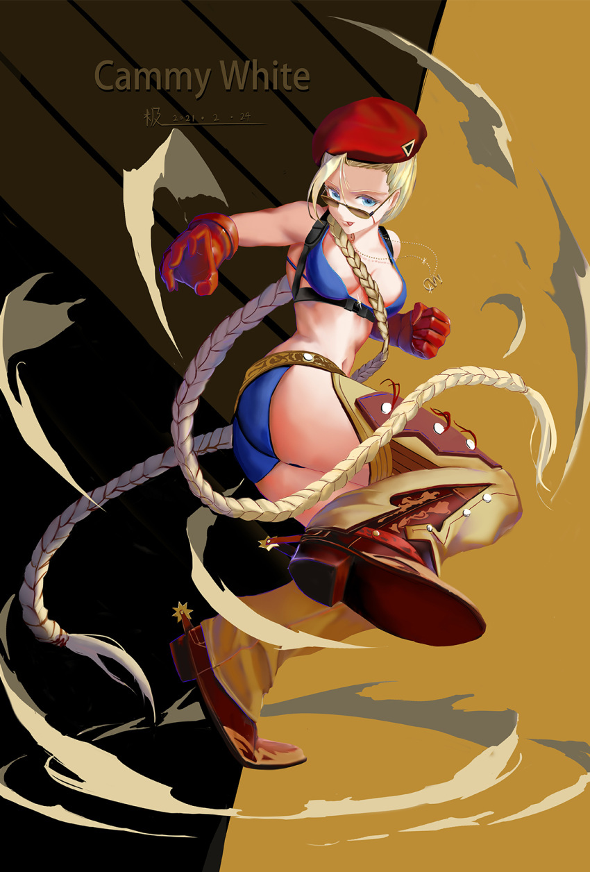 1girl action alternate_costume ass belt beret bikini blonde_hair blue_bikini blue_eyes boots braid breasts brown_footwear cammy_white chaps character_name clenched_hand commentary_request cowboy_boots dated dust_cloud full_body gloves harness hat highres long_hair medium_breasts navel red_gloves red_headwear solo spurs street_fighter sunglasses swimsuit tongue tongue_out twin_braids twisted_torso very_long_hair xxx2333