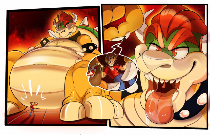 anthro belly big_belly bodily_fluids bowser collar comic drooling duo hair horn human imminent_vore kanoodlebin koopa macro male male/male mammal mario_bros nintendo open_mouth overweight overweight_male red_eyes red_hair reptile saliva scalie sharp_teeth size_difference spikes teeth tongue turtle uvula video_games vore