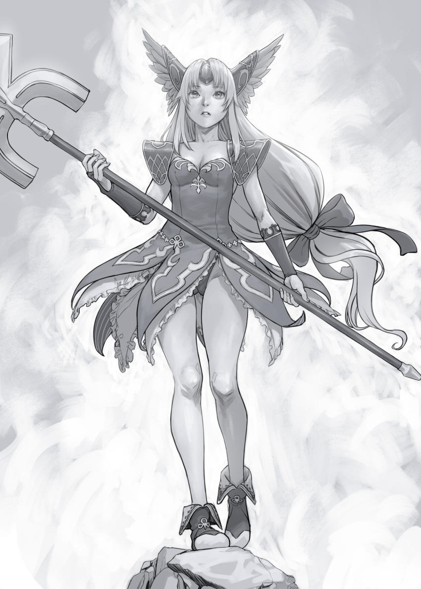 1girl armor breasts bridal_gauntlets cleavage dress full_body greyscale helmet highres long_hair low-tied_long_hair monochrome panties polearm riesz seiken_densetsu seiken_densetsu_3 solo spear turiganesou800 underwear very_long_hair weapon winged_helmet