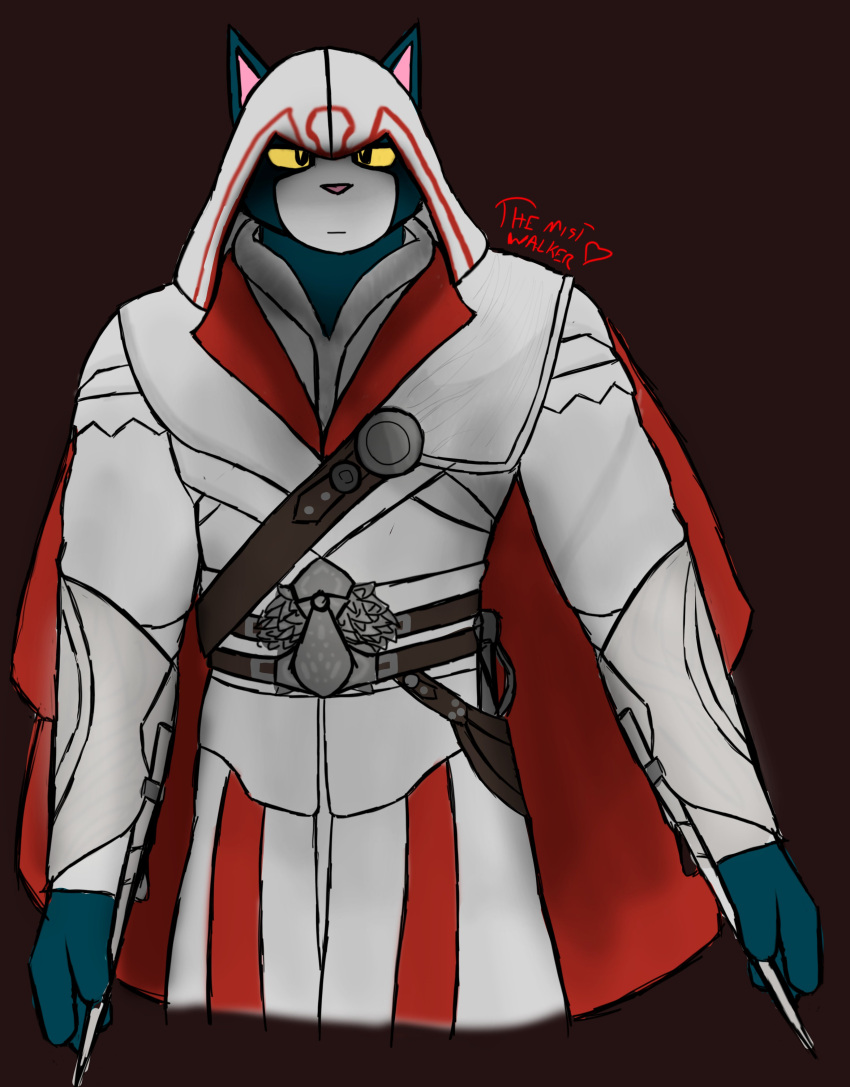 absurd_res anthro armwear assassin's_creed avocato belt blue_body blue_fur cape clothing cosplay domestic_cat ezio_auditore felid feline felis final_space fur hi_res hidden_blade male mammal red_cape robe shaded solo solo_focus the_mist_walker ubisoft ventrexian video_games white_robe yellow_eyes
