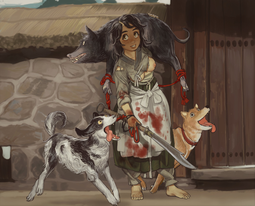 1girl absurdres animal apron barefoot black_hair blood boar breasts brown_eyes brown_hair dark-skinned_female dark_skin dog freckles grey_shirt highres holding holding_animal holding_sword holding_weapon imminent_death looking_at_viewer mossacannibalis nipples original shirt small_breasts smile solo sword tassel toenails waist_apron weapon white_apron
