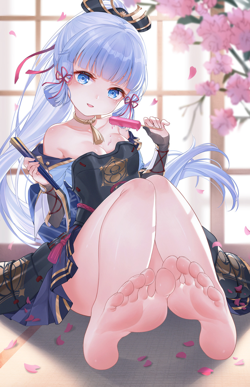1girl armor bangs bare_legs bare_shoulders barefoot black_gloves blue_eyes blue_hair blue_skirt blunt_bangs breastplate breasts cleavage feet food foot_focus full_body genshin_impact gloves hair_ornament hair_ribbon highres holding holding_food kamisato_ayaka knees_up long_hair looking_at_viewer medium_breasts off_shoulder parted_lips partially_fingerless_gloves pink_ribbon pleated_skirt ponytail popsicle ribbon sidelocks sitting skirt soles solo suaynnai_wanzi toes very_long_hair