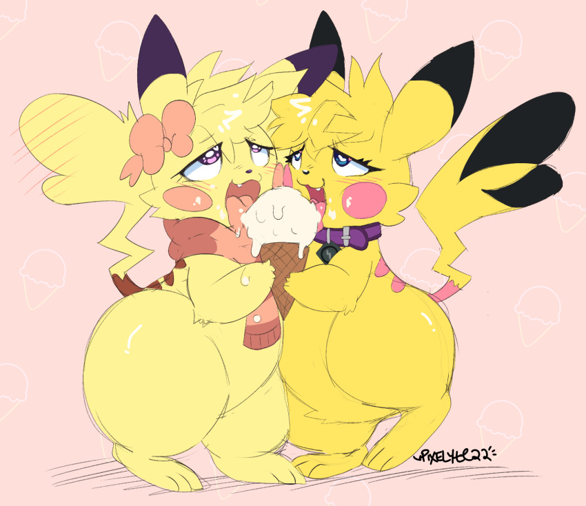 blush dessert duo food food_fetish food_play half-closed_eyes hi_res ice_cream licking narrowed_eyes nintendo pikachu pixelyteskunk pok&eacute;mon pok&eacute;mon_(species) sparkle_chu tongue tongue_out video_games yellow_body