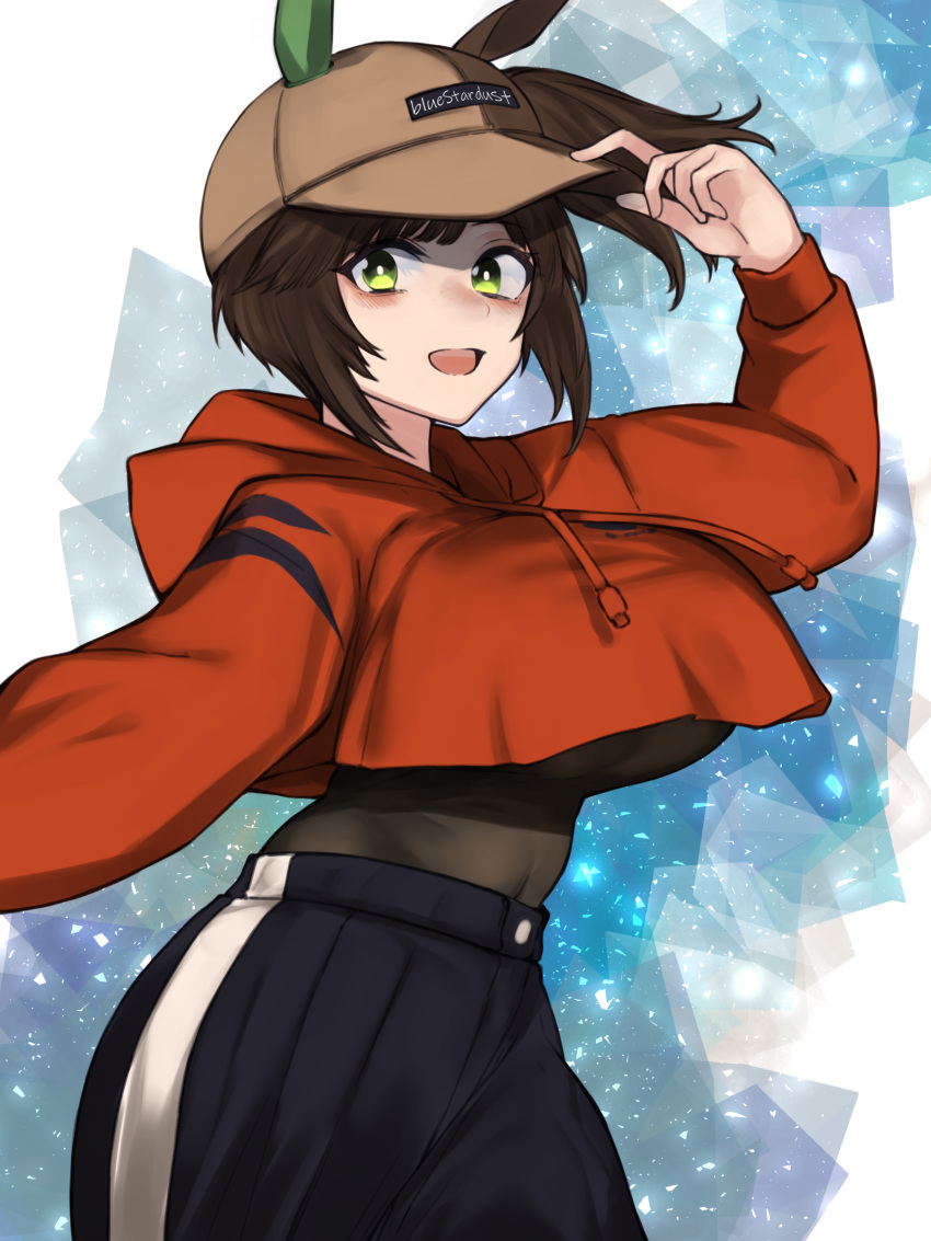 1girl absurdres animal_ears baseball_cap blush bodystocking breasts bright_pupils brown_hair contrapposto covered_navel cowboy_shot crop_top crop_top_overhang cropped_hoodie ear_covers ears_through_headwear english_text from_side green_eyes hair_through_headwear hat highres holding holding_clothes holding_hat hood hoodie horse_ears horse_girl horse_tail ines_fujin_(umamusume) kojima_(blue_stardust) large_breasts leotard leotard_under_clothes long_hair long_sleeves looking_at_viewer open_mouth orange_hoodie pants selfie side_ponytail sidelocks simple_background single_ear_cover smile solo tail track_pants umamusume