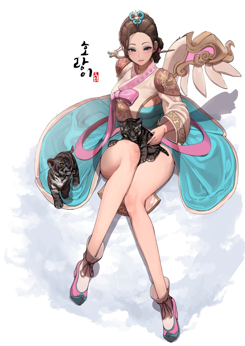1girl absurdres alternate_costume animal aqua_dress blue_eyes blush boots bottomless bow breasts clothing_request cross-laced_footwear cub deliciousmeatart dress eyeliner eyeshadow forehead full_body hair_ornament hairpin high_heel_boots high_heels highres knees_together_feet_apart korean_commentary lace-up_boots long_sleeves makeup mercy_(overwatch) overwatch parted_lips pink_bow pink_footwear sash shadow single_wing sitting solo tiger wide_sleeves wings