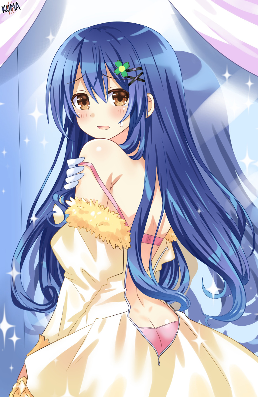 1girl absurdres artist_name ass bare_shoulders blue_hair bra brown_eyes commentary_request cowboy_shot curly_hair curtains date_a_live dress eyebrows_visible_through_hair forehead from_behind fur_trim gloves hair_between_eyes hair_ornament highres indoors itsuka_shiori lewdkuma long_hair looking_at_viewer looking_back off_shoulder open_mouth panties pink_bra pink_panties shadow solo sparkle sweatdrop underwear undressing white_gloves x_hair_ornament yellow_dress