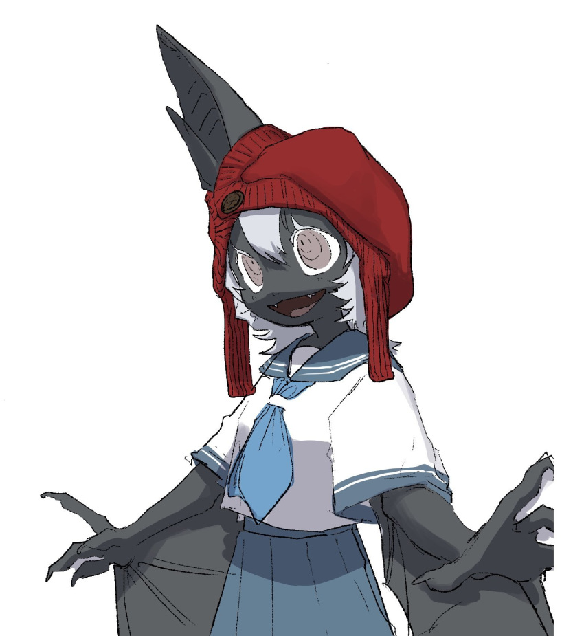 anthro bangs black_body blue_bottomwear blue_clothing blue_skirt bottomwear chiropteran clothing ears_through_headwear fangs female grey_eyes hair hat headgear headwear hi_res jam_uo japanese_school_uniform kemono mammal membrane_(anatomy) membranous_wings open_mouth school_uniform serafuku simple_background skirt solo uniform white_background white_hair wings