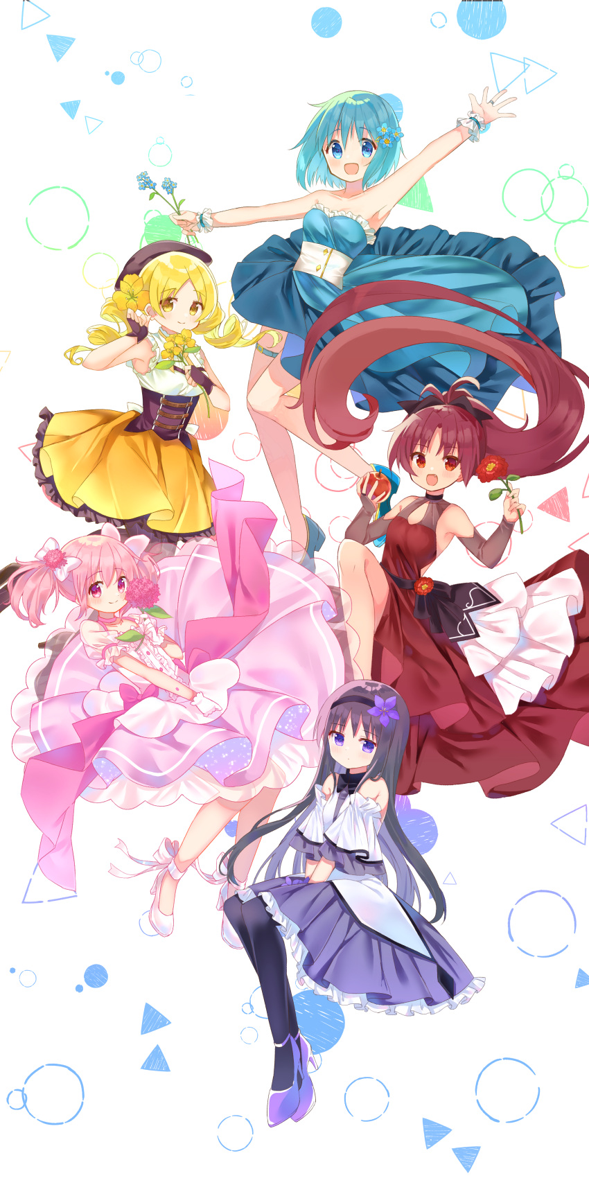 5girls :d absurdres adapted_costume akemi_homura ankle_ribbon ankle_strap apple armpits back_bow back_cutout bangs bare_arms bare_legs bare_shoulders belt beret black_gloves black_hair black_hairband black_headwear black_legwear black_ribbon blonde_hair blue_belt blue_dress blue_eyes blue_flower blue_footwear blue_hair bow breasts bridal_gauntlets brown_footwear brown_legwear bubble bubble_background buttons camellia center_frills choker cleavage_cutout closed_mouth clothing_cutout collarbone corset detached_sleeves dot_nose dress drill_hair expressionless eyebrows_visible_through_hair fang fingerless_gloves floating_hair flower flower_request food frilled_dress frilled_skirt frilled_sleeves frills fruit full_body glitter gloves hair_between_eyes hair_flower hair_ornament hair_ribbon hairband hairclip halter_dress halterneck hat high_heels high_ponytail highres holding holding_flower holding_food holding_fruit jewelry jitome kaname_madoka knees_together_feet_apart layered_dress layered_sleeves leaf leg_belt leg_ribbon legs_together light_blush light_smile long_dress long_hair looking_at_viewer mahou_shoujo_madoka_magica medium_breasts miki_sayaka multiple_girls neck_ribbon open_mouth outstretched_arms pantyhose parted_bangs parted_lips pink_bow pink_choker pink_dress pink_eyes pink_flower pink_hair pleated_skirt puffy_short_sleeves puffy_sleeves pumps purple_eyes purple_flower purple_skirt red_dress red_eyes red_flower red_hair ribbon ring ruru_(rurumagi) sakura_kyouko see-through see-through_dress shirt shoes short_hair short_sleeves short_twintails simple_background single_horizontal_stripe skirt sleeveless sleeveless_shirt small_breasts smile spread_arms strapless strapless_dress striped striped_legwear tareme tomoe_mami triangle twin_drills twintails v_arms vertical-striped_legwear vertical_stripes very_long_hair waist_bow white_background white_bow white_footwear white_gloves white_ribbon white_shirt white_sleeves wide_sleeves wrist_cuffs yellow_eyes yellow_flower yellow_ribbon yellow_skirt