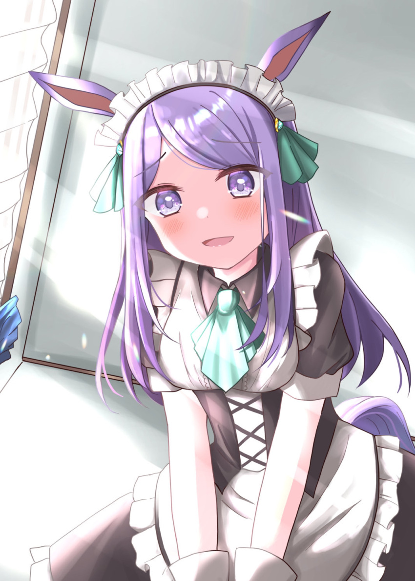 1girl :d alternate_costume animal_ears apron aqua_ascot ascot bangs blush breasts collared_dress commentary corset dress enmaided eyebrows_visible_through_hair highres horse_ears horse_girl horse_tail indoors lavender_hair long_hair looking_at_viewer maid maid_headdress medium_breasts mejiro_mcqueen_(umamusume) open_mouth parted_bangs puffy_short_sleeves puffy_sleeves purple_eyes purple_hair purple_tail sakura4620 short_sleeves smile solo sunlight tail umamusume v_arms waist_apron