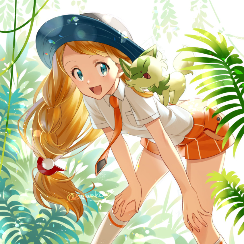 1girl :d bent_over blonde_hair blue_eyes blue_headwear collared_shirt commentary_request cosplay eyelashes female_protagonist_(pokemon_sv) female_protagonist_(pokemon_sv)_(cosplay) hands_on_own_knees hat highres kanimaru kneehighs leaf long_hair low-tied_long_hair necktie open_mouth orange_necktie orange_shorts plant pokemon pokemon_(anime) pokemon_(creature) pokemon_(game) pokemon_on_back pokemon_sv pokemon_xy_(anime) serena_(pokemon) shirt short_sleeves shorts smile sprigatito tongue twitter_username vines watermark white_legwear white_shirt