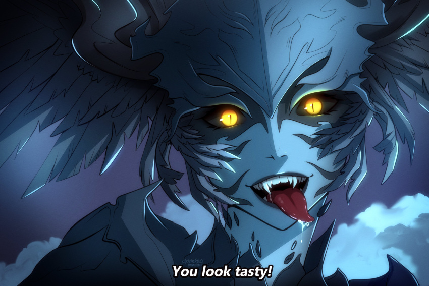 1girl absurdres drooling english_text fangs final_fantasy final_fantasy_xvi garuda head_wings highres looking_at_viewer open_mouth pixie_(pixieinktvis) saliva slit_pupils solo subtitled tongue tongue_out upper_body yellow_eyes