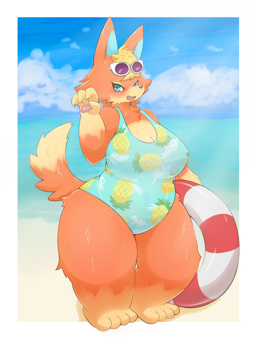 4_fingers 4_toes animal_crossing anthro audie_(animal_crossing) beach big_breasts biped black_nose blonde_hair blue_eyes blue_inner_ear blush breasts canid canine canis cheek_tuft claws clothed clothing cloud colored curvy_figure cute_fangs day detailed_background digital_media_(artwork) dipstick_tail eyelashes eyeshadow eyewear eyewear_on_head facial_tuft feet female finger_claws fingers fluffy fluffy_tail food_clothing food_print front_view fruit_clothing fruit_print full-length_portrait fully_clothed fur gloves_(marking) hair hi_res holding_object holding_swim_ring huge_breasts inflatable kemono leaf_pattern leaf_print leaf_print_clothing leaf_print_swimwear leg_markings looking_at_viewer makeup mammal markings monotone_ears monotone_hair multicolored_body multicolored_fur multicolored_tail nintendo nipple_outline one-piece_swimsuit open_mouth open_smile orange_body orange_ears orange_fur orange_tail outside pattern_clothing pawpads paws pineapple_pattern pineapple_print pink_pawpads plant_print pool_toy portrait print_clothing print_swimwear sand sea seaside shaded short_hair sky slightly_chubby smile snout socks_(marking) solo standing sunglasses sunglasses_on_head swim_ring swimwear tail_markings thick_thighs three-quarter_view toes tomochan tuft two_tone_body two_tone_fur two_tone_tail video_games voluptuous water wide_hips wolf yellow_body yellow_eyeshadow yellow_fur yellow_tail