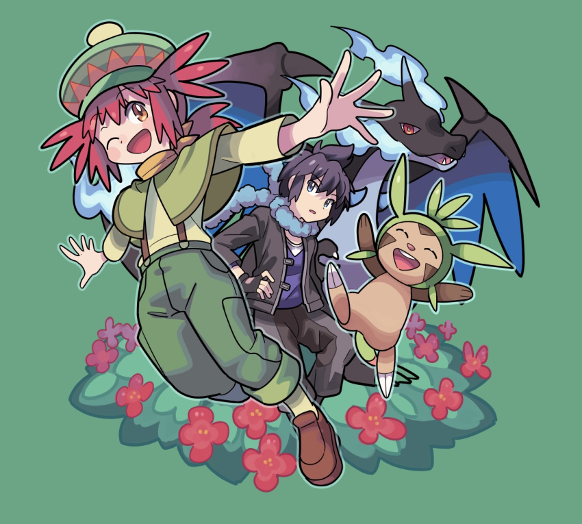 1boy 1girl ;d alain_(pokemon) bangs black_hair blue_eyes blue_scarf blush_stickers brown_footwear capelet charizard chespin commentary_request green_capelet green_headwear green_pants hat highres jacket mairin_(pokemon) mega_charizard_x mega_pokemon one_eye_closed open_clothes open_jacket open_mouth pants pokemon pokemon_(anime) pokemon_(creature) pokemon_xy_(anime) scarf shirt shoes short_hair smile socks suspenders sutokame tongue yellow_legwear