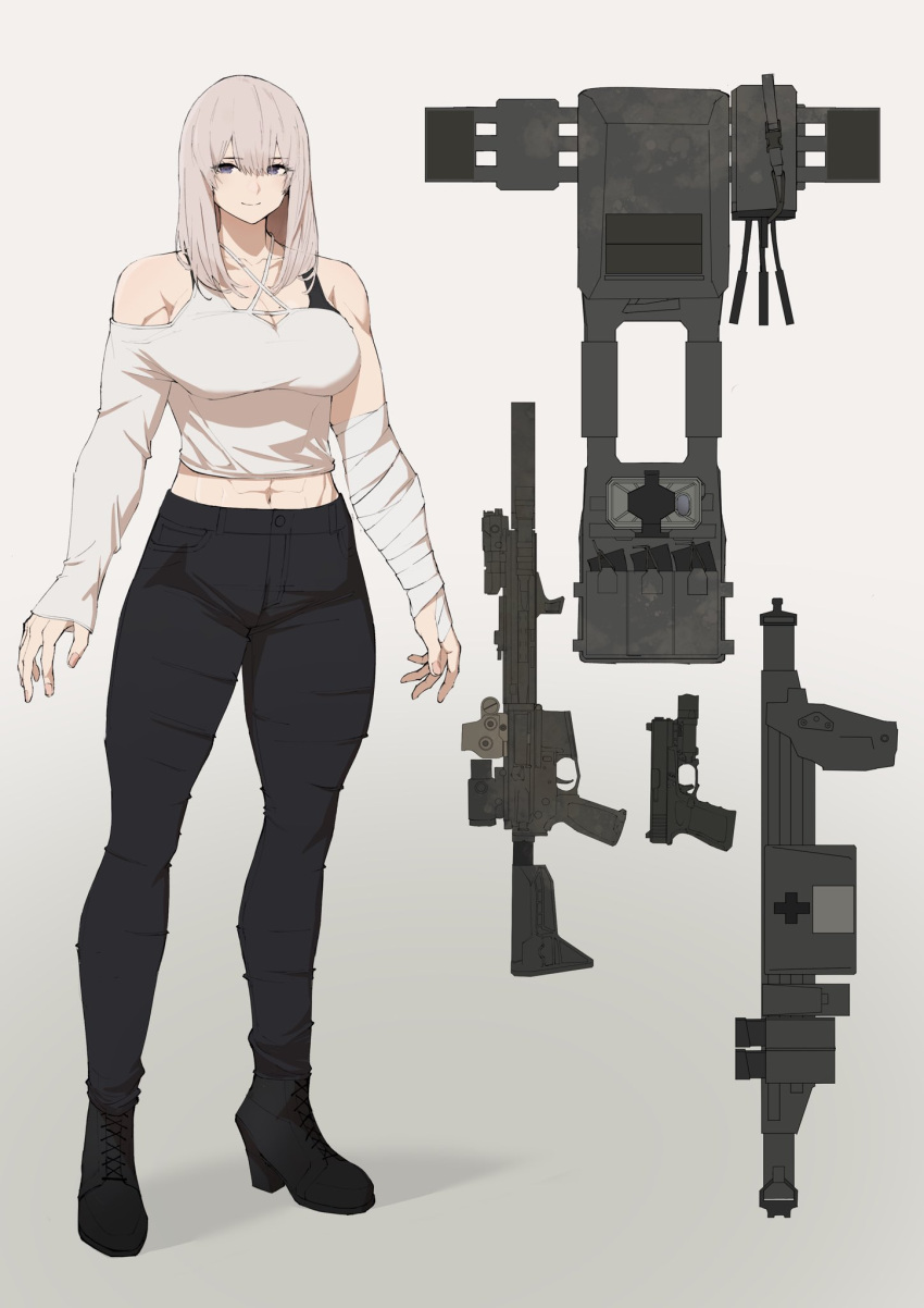 1girl abs ammunition_belt ammunition_pouch ar-15 assault_rifle bandages bare_shoulders belt boots character_sheet first_aid_kit grey_eyes gun h&amp;k_usp handgun high_heels highres long_hair long_sleeves muscular muscular_female original pants pen_guin15 pistol pouch rifle shirt solo tank_top tight tight_pants weapon white_background white_hair white_shirt