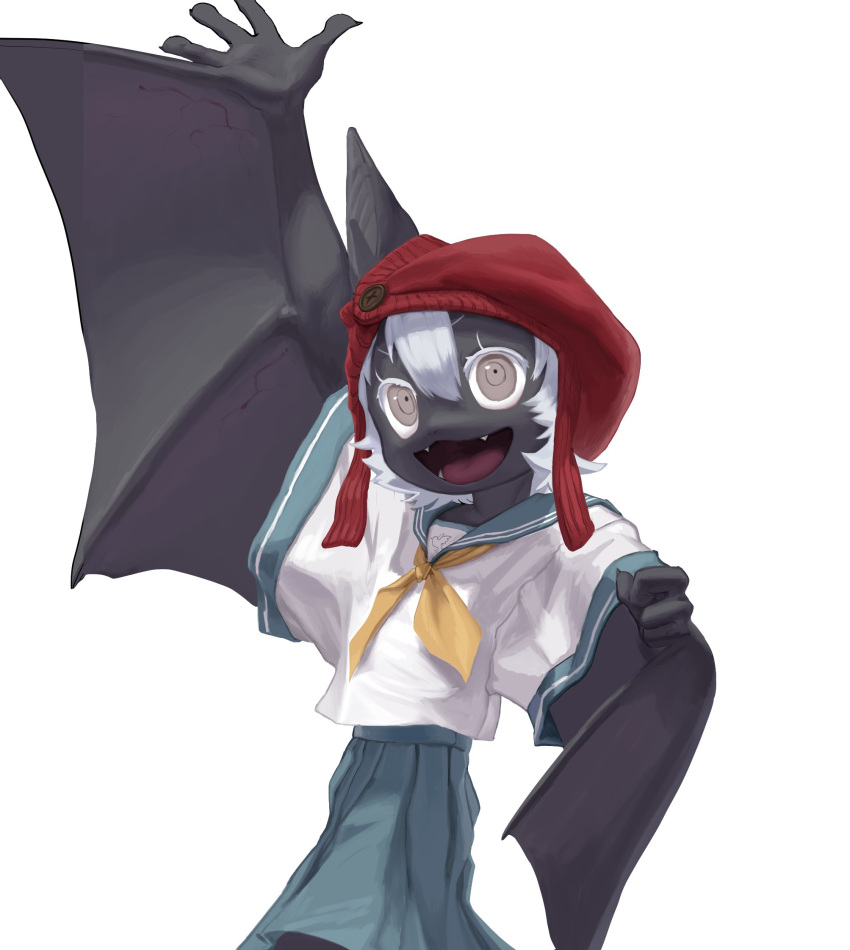 anthro baggy_clothing bangs blue_bottomwear blue_clothing blue_skirt bottomwear chiropteran clothing ears_through_headwear fangs female gesture hair hat headgear headwear hi_res jam_uo japanese_school_uniform kemono mammal membrane_(anatomy) membranous_wings open_mouth school_uniform serafuku simple_background skirt uniform waving white_background white_eyelashes white_hair wings