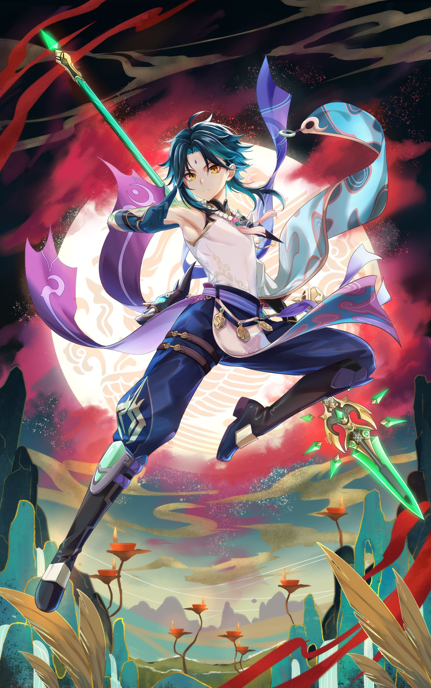1boy absurdres arm_tattoo asymmetrical_clothes bead_necklace beads beans boots clothes colored_skin detached_sleeves facial_mark fcc genshin_impact gloves green_gloves green_hair highres jewelry male_focus multicolored_hair necklace primordial_jade_winged-spear_(genshin_impact) single_bare_shoulder single_detached_sleeve tassel tattoo weapon white_skin xiao_(genshin_impact) yellow_eyes