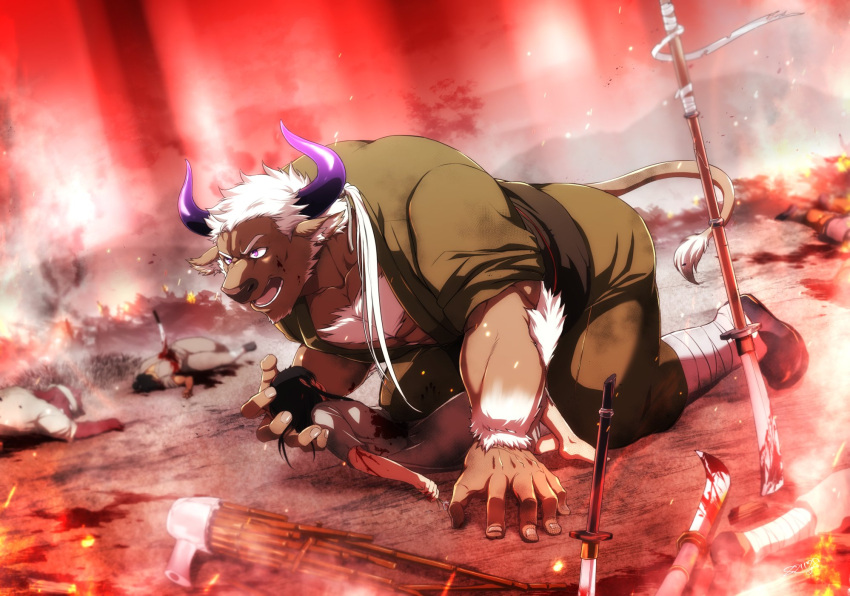 1461_1641 anthro battlefield bovid bovine brown_body brown_fur cattle fur hair hi_res horn lifewonders male mammal muscular muscular_anthro muscular_male pecs shennong solo tokyo_afterschool_summoners video_games white_hair