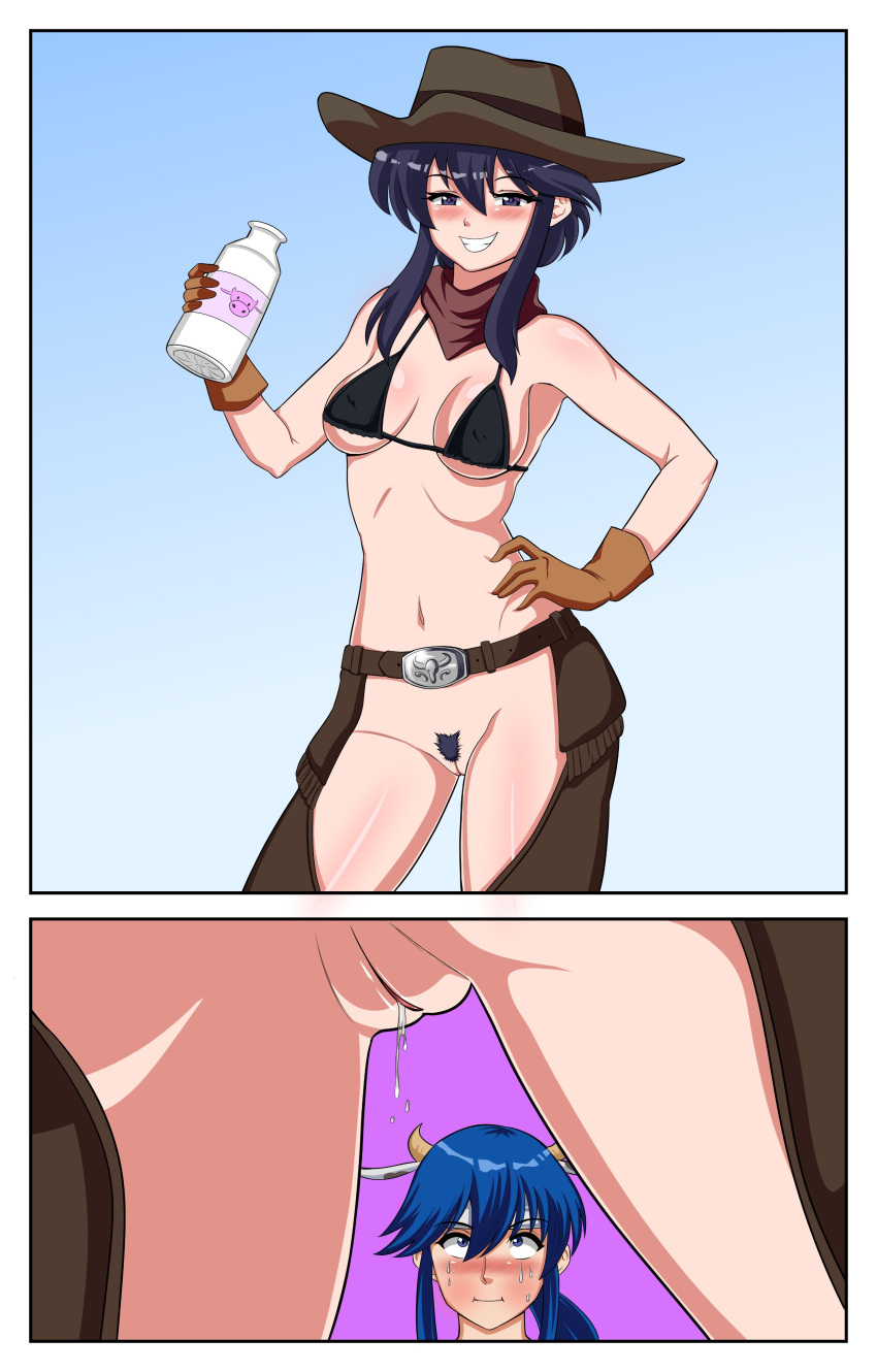 &gt;:) 1boy 1girl absurdres bikini bikini_top_only black_hair blue_hair blush bottle bottomless breasts chaps commission commissioner_upload cow_horns cowboy cowboy_western eyebrows_visible_through_hair female_pubic_hair fire_emblem fire_emblem:_genealogy_of_the_holy_war fire_emblem_heroes hat hetero highres horns milk_bottle navel no_panties panels pubic_hair pussy pussy_juice rs40uchiha simple_background smile smug sweat swimsuit v-shaped_eyebrows wide-eyed