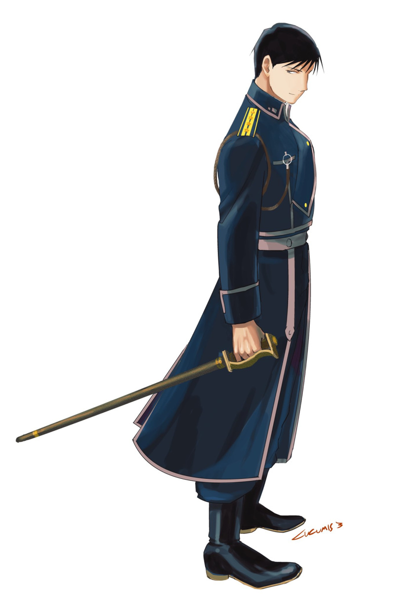 1boy aiguillette amestris_military_uniform ankle_boots arm_at_side artist_name black_eyes black_footwear black_hair blue_jacket blue_pants boots buttons closed_mouth collared_jacket double-breasted full_body fullmetal_alchemist hair_strand highres holding holding_sword holding_weapon jacket jitome light_smile looking_back male_focus military military_jacket military_uniform pants profile roy_mustang sheath sheathed sideways_glance simple_background spiked_hair standing sword uniform urikurage weapon white_background