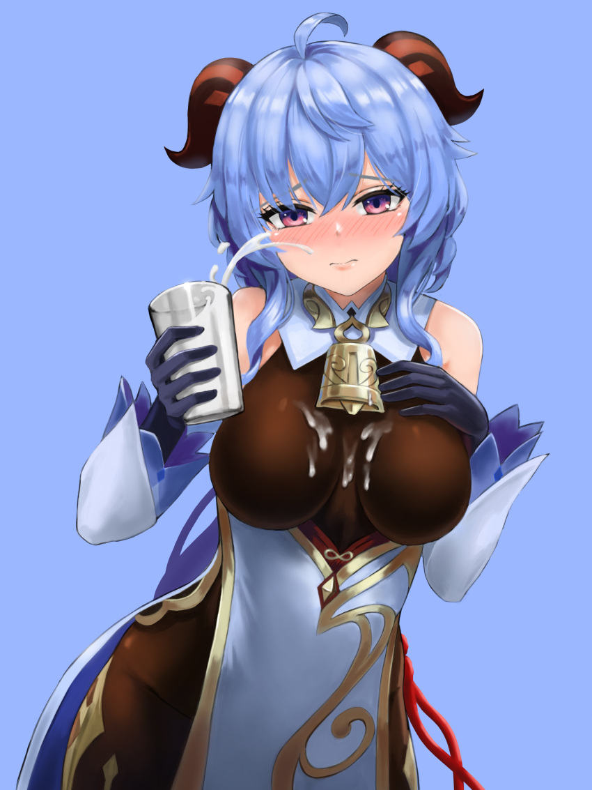 1girl absurdres ahoge bangs bare_shoulders bell black_gloves black_legwear blue_background blue_hair blush breasts cup detached_sleeves drinking_glass gamma_(muop9093) ganyu_(genshin_impact) genshin_impact glass gloves gold_trim hand_on_own_chest highres horns large_breasts long_hair looking_at_viewer milk neck_bell purple_eyes sexually_suggestive sidelocks solo spill spilled_milk spilling suggestive_fluid white_sleeves