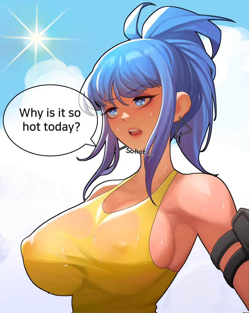 1girl armlet bagjunba_(qkrgk198) blue_eyes blue_hair blush breasts covered_nipples earrings english_text fingerless_gloves gloves highres hot jewelry large_breasts leona_heidern nipples ponytail see-through sky sleeveless solo speech_bubble sunlight sweat sweatdrop talking tank_top the_king_of_fighters the_king_of_fighters_xv triangle_earrings yellow_tank_top