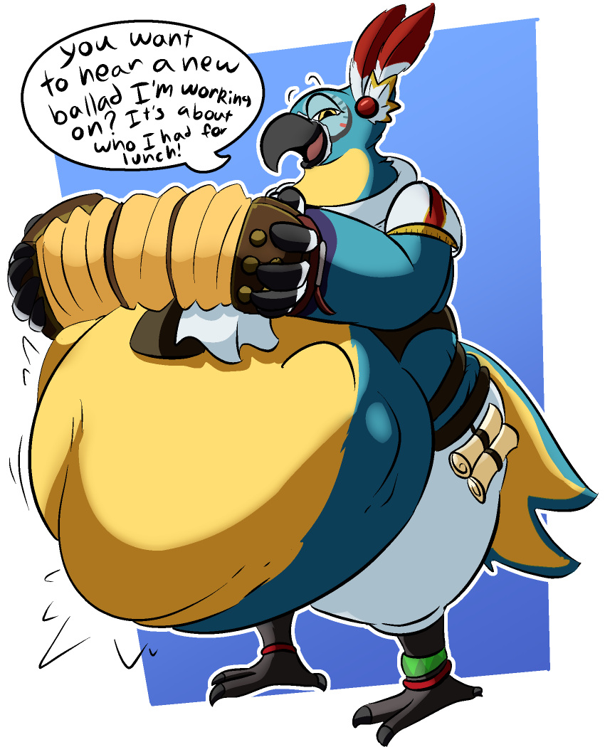 abdominal_bulge accordion anthro avian belly big_belly bird breath_of_the_wild dialogue hi_res kass_(tloz) male musical_instrument nintendo open_mouth same_size_vore the_hookaloof the_legend_of_zelda tongue video_games vore