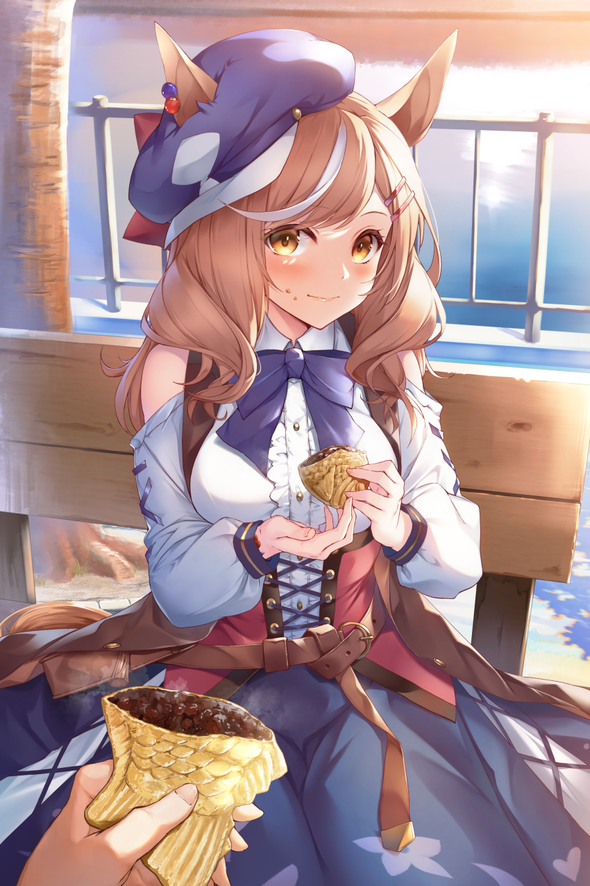 1girl absurdres animal_ears blush breasts brown_hair cabbie_hat food hat highres horse_ears horse_girl koikeya matikane_tannhauser_(umamusume) medium_breasts medium_hair pov pov_hands ribbon sitting solo taiyaki umamusume wagashi yellow_eyes