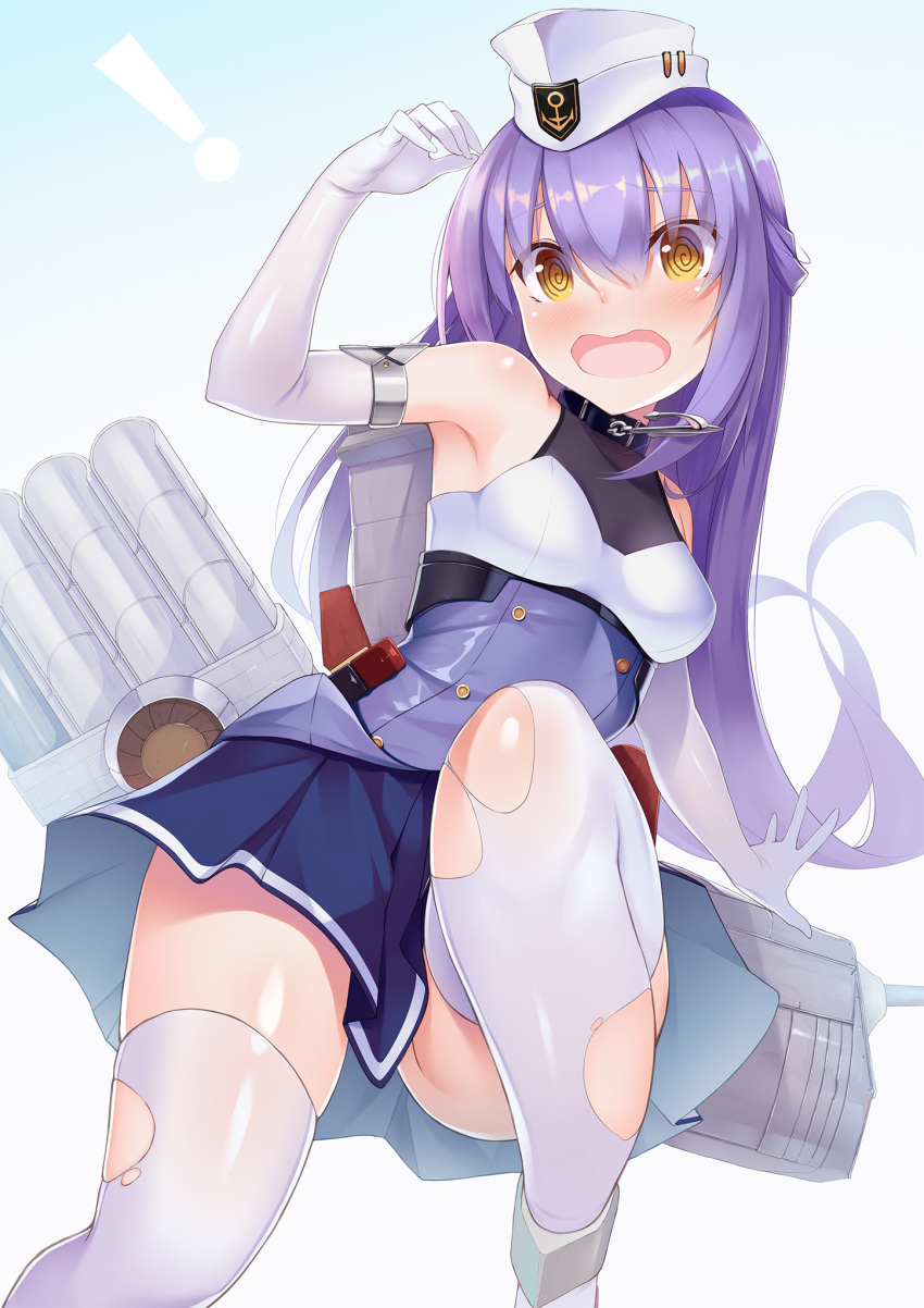 1girl @_@ armpits azur_lane blush breasts commentary_request detached_sleeves dewey_(azur_lane) hat highres koikeya open_mouth purple_hair simple_background sleeveless small_breasts solo thighhighs torn_clothes torn_legwear torpedo_tubes yellow_eyes