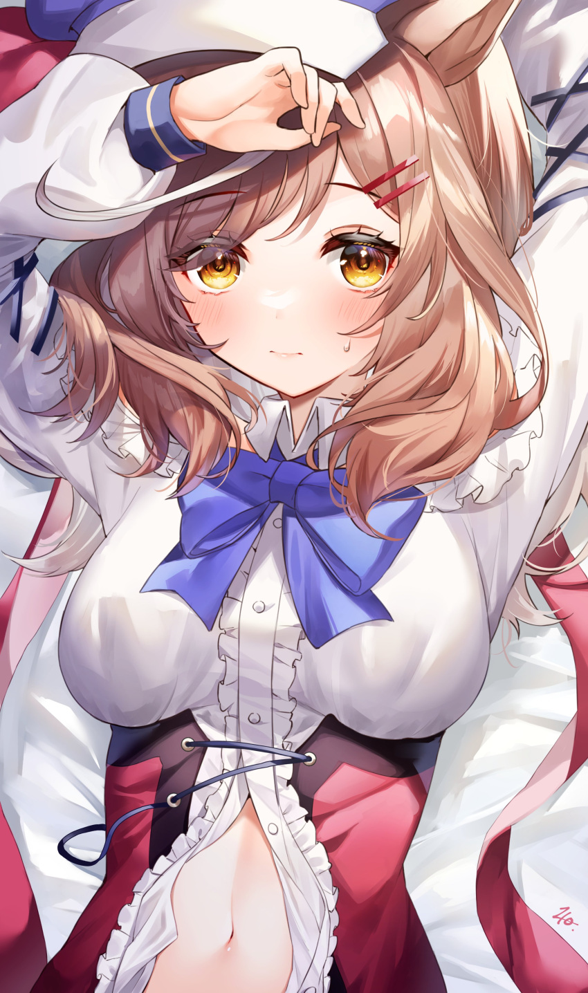 1girl 40_(0f0urw) absurdres animal_ears arms_up artist_name bangs blue_bow blue_bowtie blush bow bowtie breasts brown_hair buttons cabbie_hat center_frills closed_mouth collared_shirt corset frills hair_ornament hairclip hat hat_removed headwear_removed highres horse_ears long_sleeves looking_at_viewer matikane_tannhauser_(umamusume) medium_breasts medium_hair navel partially_unbuttoned puffy_long_sleeves puffy_sleeves shirt solo sweatdrop umamusume upper_body white_shirt yellow_eyes