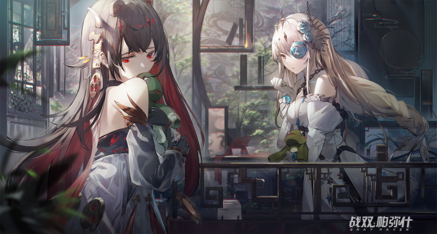 2girls bare_back bare_shoulders black_hair blue_flower blue_rose braid braided_ponytail chain cosplay drag-on_dragoon drag-on_dragoon_3 flower gloves highres indoors looking_at_viewer looking_back lucia:_crimson_abyss_(punishing:_gray_raven) lucia_(punishing:_gray_raven) multicolored_hair multiple_girls official_art plant punishing:_gray_raven rose stuffed_animal stuffed_toy two-tone_hair white_hair zhang_shuang_pa_mi_shi