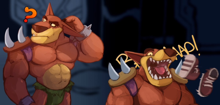 abdominal_bulge abs activision after_vore anthro belly burping burping_up_clothes burping_up_objects crash_bandicoot_(series) felid gutsybeast male mammal muscular muscular_male open_mouth pantherine sharp_teeth shoulder_pads solo teeth tiger tiny_tiger tongue video_games vore