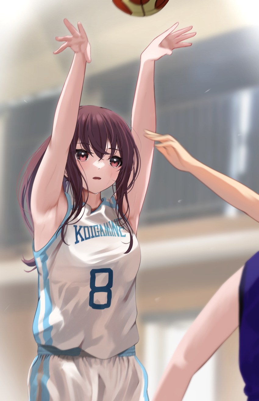 1girl 2others absurdres armpits arms_up basketball basketball_uniform blurry blurry_background blush depth_of_field highres indoors li_zhu looking_afar motion_blur multiple_others original playing_sports ponytail red_eyes red_hair sportswear sweatdrop