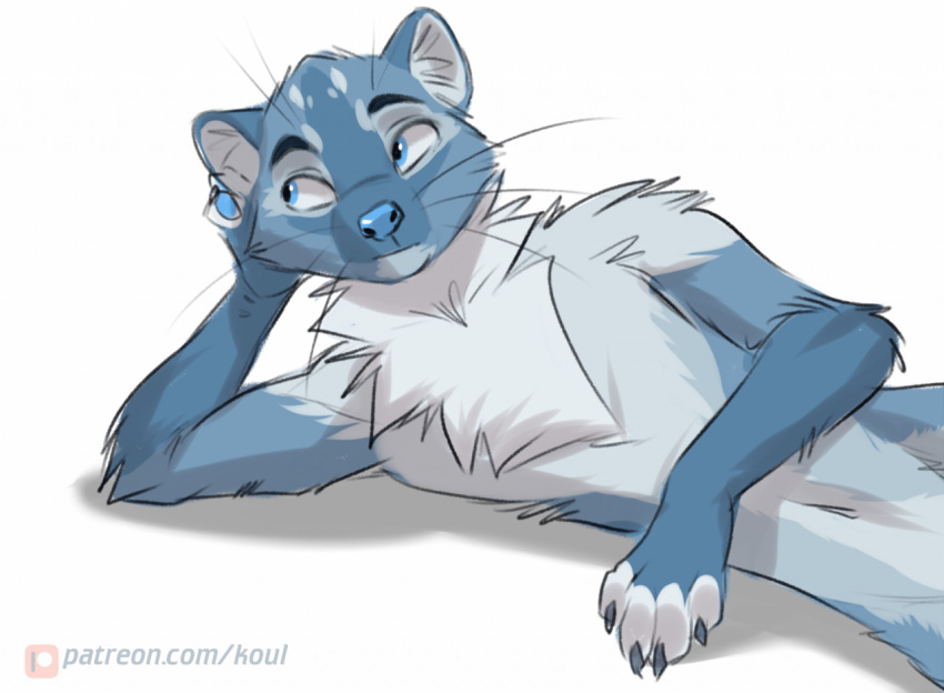 2022 4_toes anthro blue_body blue_eyes blue_fur blue_nose digital_media_(artwork) feet fur gulonine koul male mammal marten mustelid musteline paws solo toes white_body white_fur