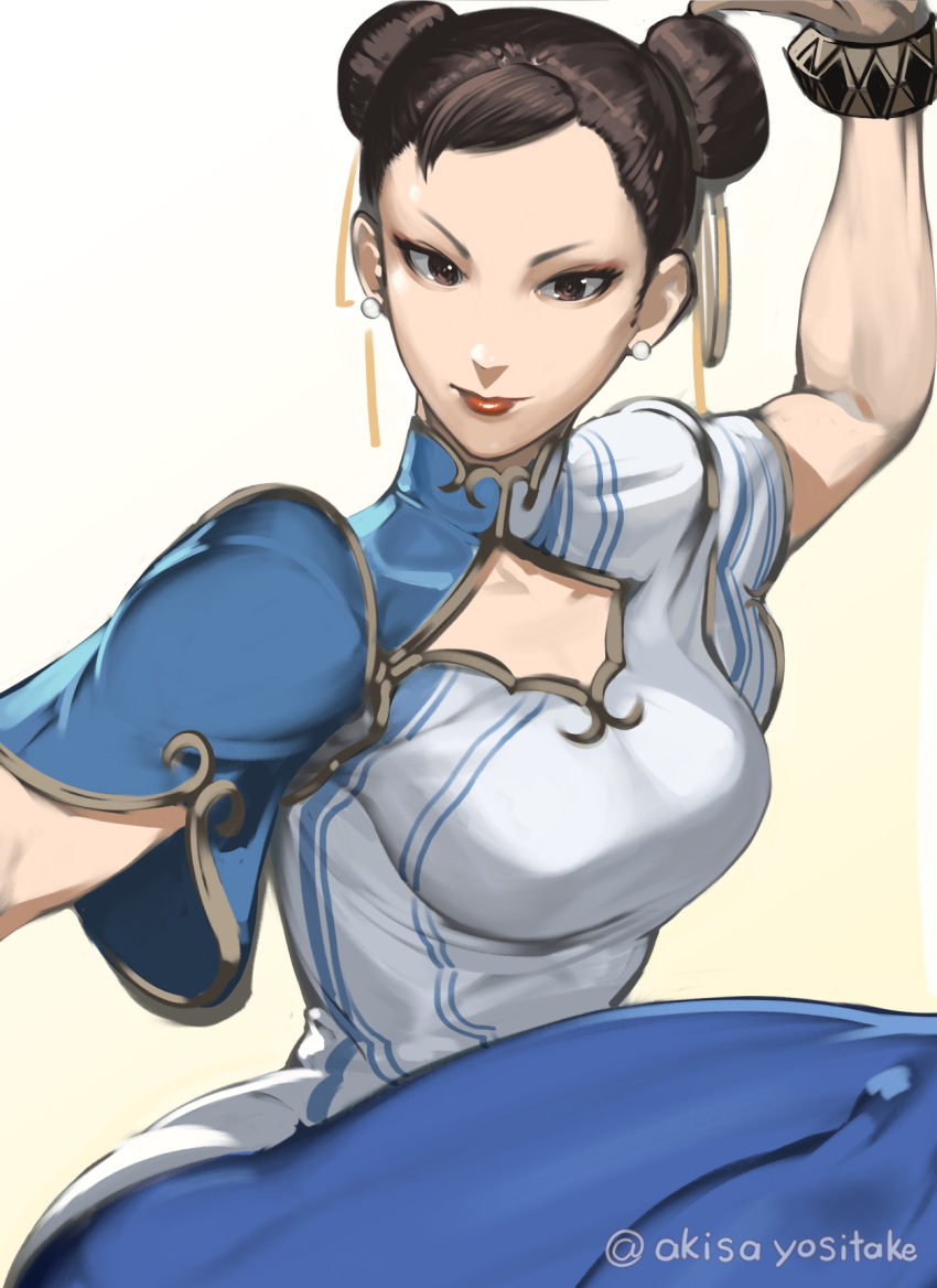 1girl akisa_(12023648) arm_up breasts brown_eyes brown_hair chinese_clothes chun-li cleavage_cutout closed_mouth clothing_cutout commentary_request double_bun earrings gradient gradient_background highres jewelry lips looking_at_viewer medium_breasts short_hair solo street_fighter street_fighter_6 twitter_username white_background yellow_background