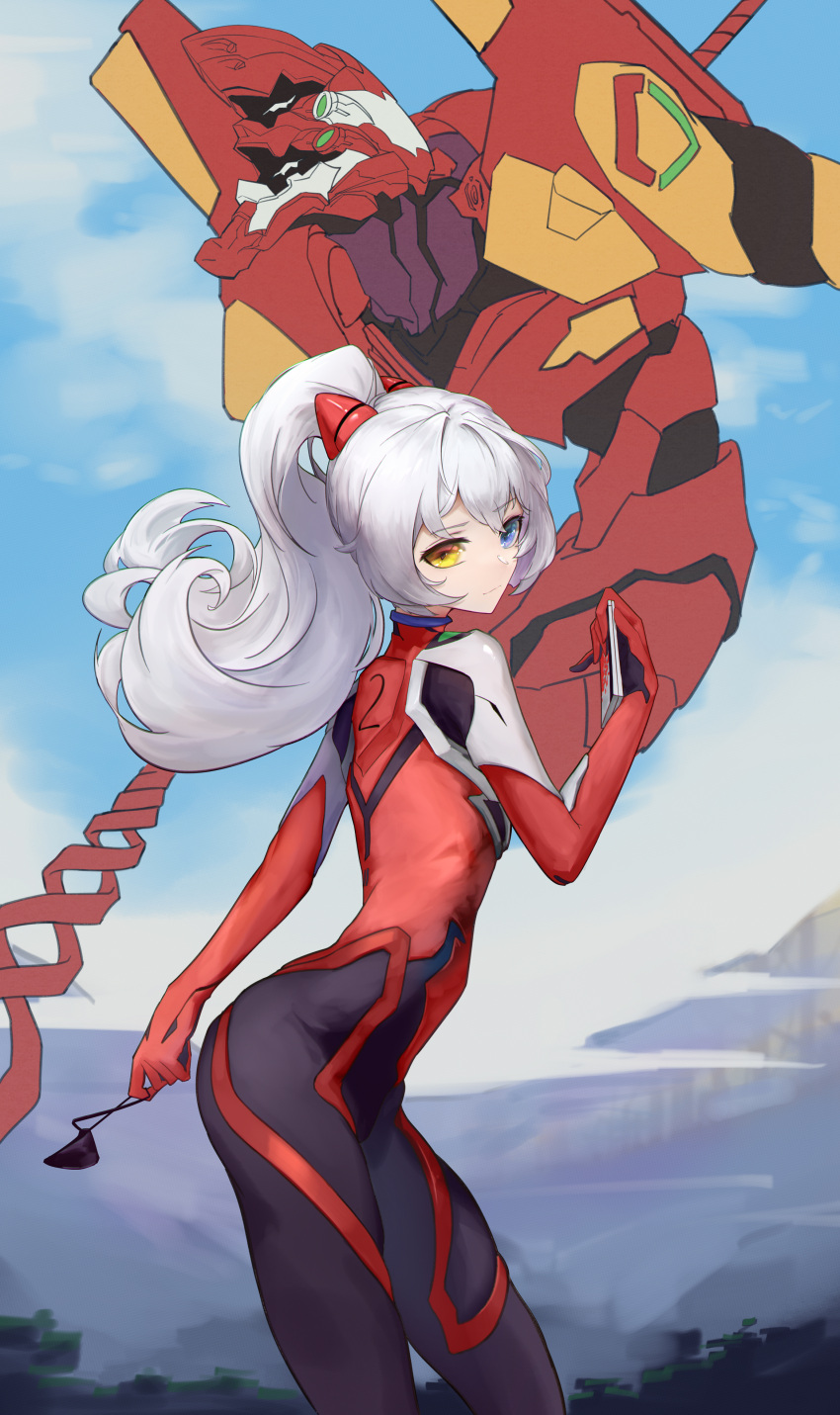 1girl absurdres bangs blue_eyes blue_sky bodysuit cellphone_picture closed_mouth cloud cloudy_sky cosplay cyslm evangelion:_3.0_you_can_(not)_redo eyepatch heterochromia highres holding holding_phone honkai_(series) honkai_impact_3rd kiana_kaslana kiana_kaslana_(void_drifter) long_hair looking_at_viewer neon_genesis_evangelion outdoors phone ponytail rebuild_of_evangelion red_bodysuit sky solo souryuu_asuka_langley souryuu_asuka_langley_(cosplay) white_hair yellow_eyes