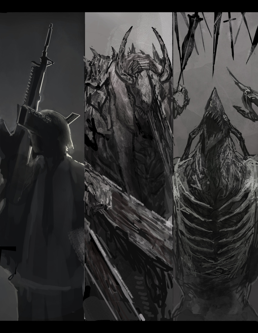 +_+ 1girl 2boys assault_rifle black_necktie blood_devil_(chainsaw_man) chainsaw chainsaw_devil chainsaw_man collage denji_(chainsaw_man) extra_arms formal grey_background greyscale gun gun_devil_(chainsaw_man) handgun hayakawa_aki highres horns hybrid kishima_(ki123454321) letterboxed looking_afar looking_up m4_carbine monochrome multiple_boys necktie open_mouth power_(chainsaw_man) ribs rifle sharp_teeth short_hair simple_background standing suit sword teeth weapon