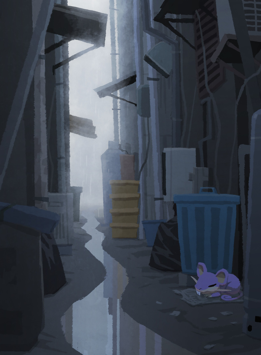 absurdres alley box cardboard_box closed_eyes highres hyogonosuke lying newspaper no_humans outdoors pokemon pokemon_(creature) rain rat rattata sleeping solo trash_bag trash_can whiskers