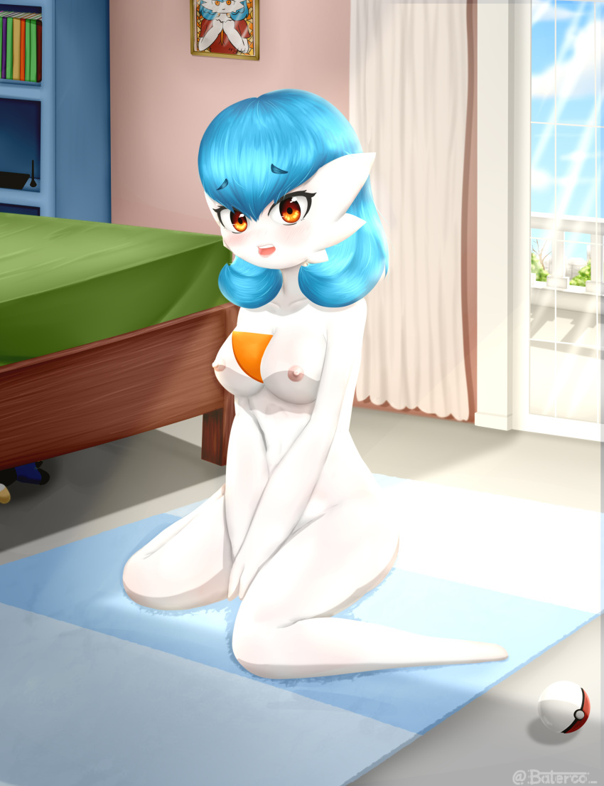 2022 3_fingers absurd_res baterco bed bedroom blue_hair blush bookshelf breasts curtains_open detailed_background embarrassed_nude_female female fingers furniture hair hands_on_thighs happy hi_res kneeling looking_at_viewer lucinda_(baterco) medium_breasts nintendo nipples not_furry nude open_mouth orange_eyes pok&eacute;ball pok&eacute;mon portrait_(object) shiny_gardevoir shiny_pok&eacute;mon signature solo video_games window window_light