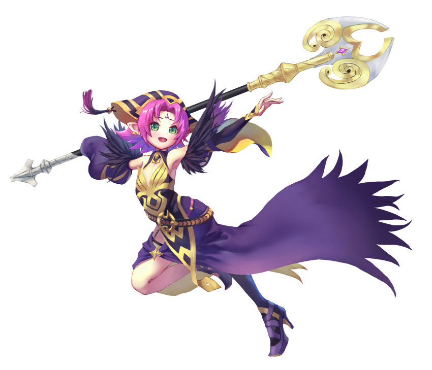 1girl alternate_costume armpits asymmetrical_legwear bare_shoulders cosplay detached_sleeves facial_mark fae_(fire_emblem) fire_emblem flat_chest forehead_mark green_eyes hat high_heels highres loki_(fire_emblem) loki_(fire_emblem)_(cosplay) nzz open_mouth pink_hair pointy_ears polearm simple_background solo weapon white_background